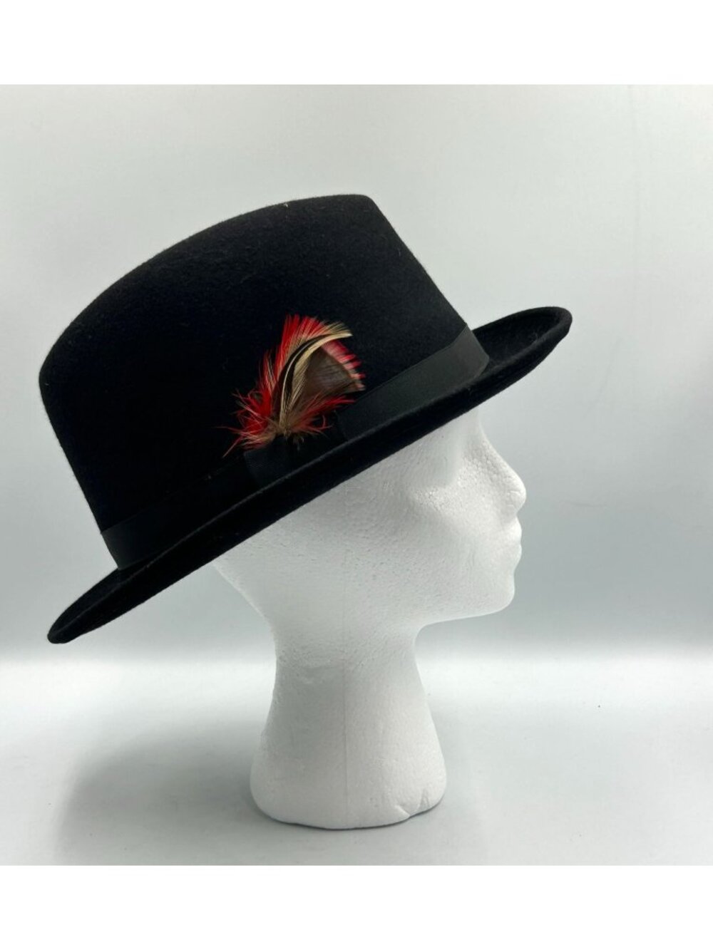 De Sind Men's Black Wool Bowler Hat With Feather Accent Size M/L 3471